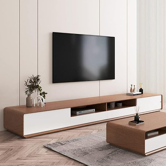 POVISON Modern Wood White TV Stand 78", Fully-Assembled Open Storage Cabinet, Lowline Media Console with 4 Drawers, Walnut Veneer (TV Stand Only)