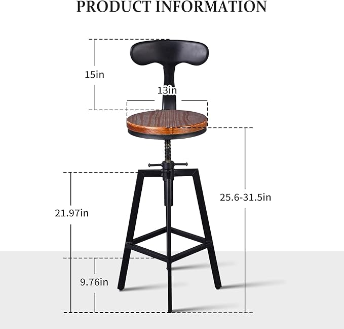 Diwhy Industrial Bar Stools,Kitchen Dining Chair,Wood Top Stool,Adjustable Height Swivel Counter Height Bar Chair with Metal Backrest,Black,Fully Welded Set of 2 (Brown Wooden Top with Iron Backrest)