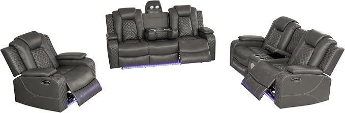 Ball & Cast Power Recliner Sofa Set Leather Reclining Sofa Set Living Room Furniture Set 3PCS Recliner Couch Loveseat & Chair Sets with Wireless Charging,Bluetooth Speaker,Cup Holders for Home Theater