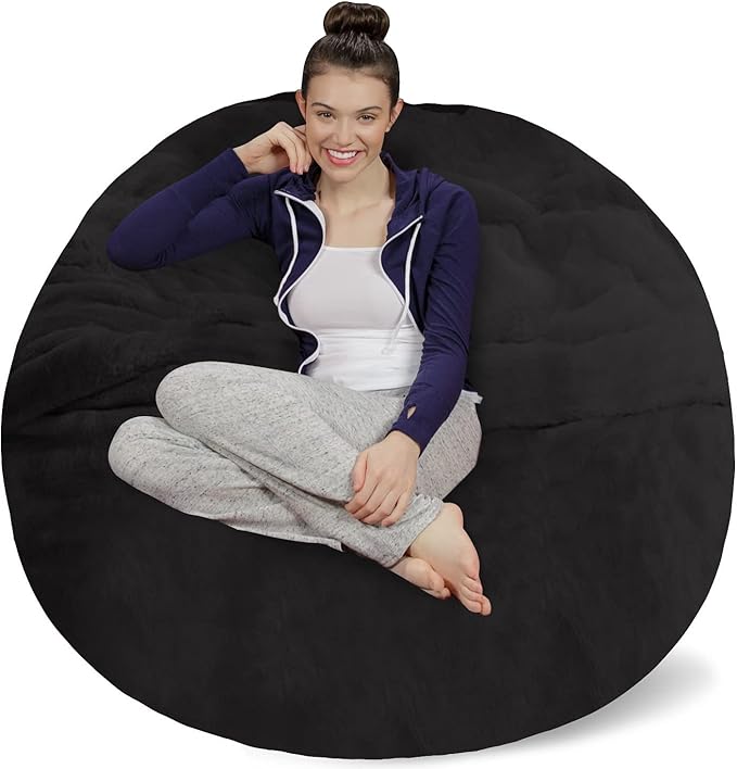 Sofa Sack Bean Bag Chair - Plush, Ultra Soft - Memory Foam Bean Bag Chair with Faux Rabbit Fur Cover - Stuffed Foam Filled Furniture and Accessories for Dorm Room 5 Feet - Black