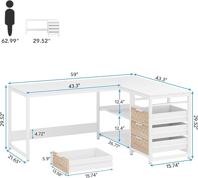 Tribesigns L Shaped Computer Desk with Storage Drawers, 59 inch Corner Desk with Shelves, Reversible L-Shaped Office Desk Study Writing Table Workstation for Home Office, White