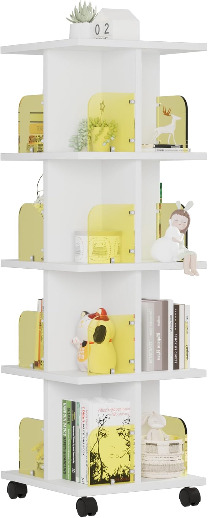 VECELO 4-Tier Rotating Bookshelf, Modern Swivel Bookcase for 360°Display,Stackable Square Book Shelves Floor-Standing Storage for Home Office, Solid Wood, Smooth Spinning, White