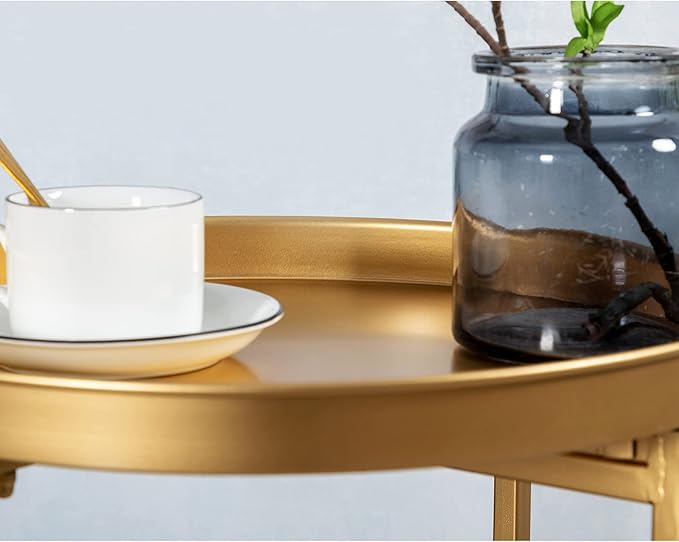 HollyHOME Small Round Metal Waterproof End Table, Accent Indoor&Outdoor Side Table, Sofa Table for Living Room, Anti-Rust Decorative Plant Stand, (D) 14.5" x (H) 25", Golden