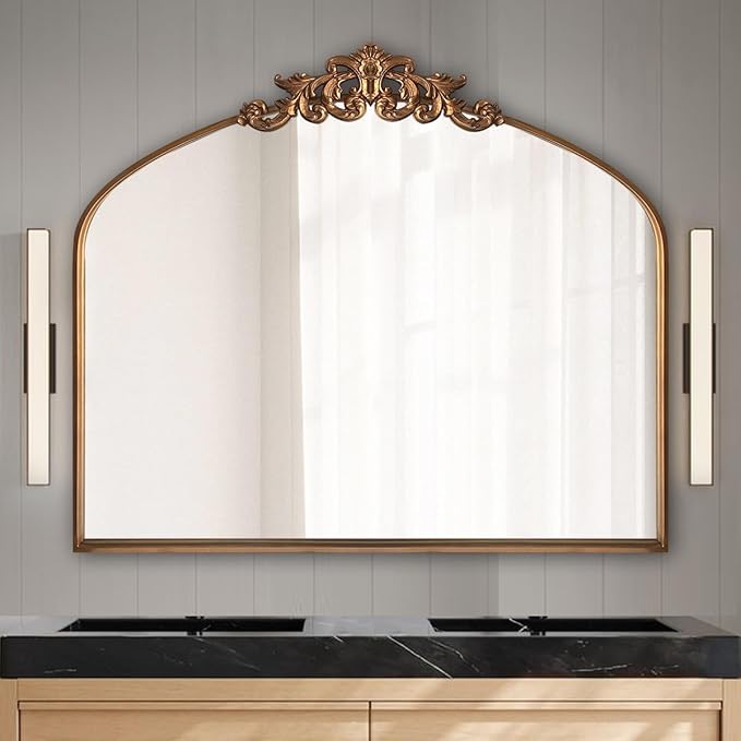 WAMIRRO Ornate Gold Mirror,Vintage Arched Baroque Antique Mirorrs for Living RoomHallwayFireplaceBathroomEntryway 36"X30"