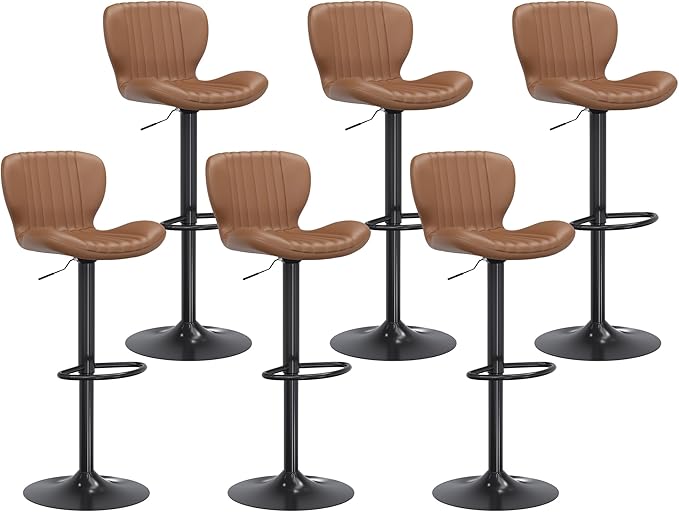 Shintenchi Bar Stools Set of 6 Modern Swivel Bar Chairs, Counter Height Faux Leather Metal Barstools, Upholstered Island Chairs with Back and Footrest, Coffee
