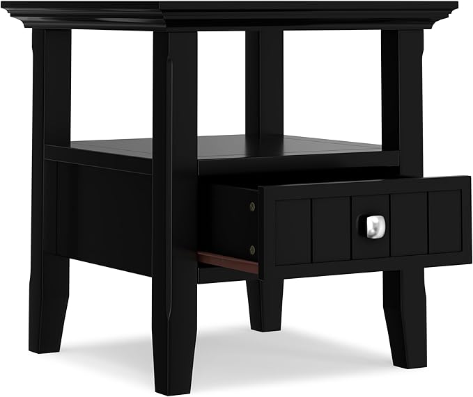 SIMPLIHOME Acadian 19-inch Wide Solid Wood End Table with Drawer and Open Shelf in Black for Living Room, Bedroom, or Entryway