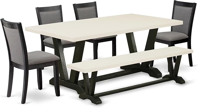 East West Furniture V627MZ650-6 6 Piece Modern Dining Table Set Contains a Rectangle Wooden Table and 4 Dark Gotham Grey Linen Fabric Parson Chairs with a Bench, 40x72 Inch, Multi-Color