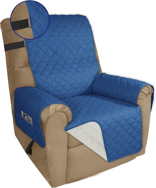 PureFit Reversible Sofa Cover Water Resistant Recliner Couch Cover, Machine Washable Furniture Cover with Adjustable Strap for Dogs, Pets (Recliner, Blue/Ivory)