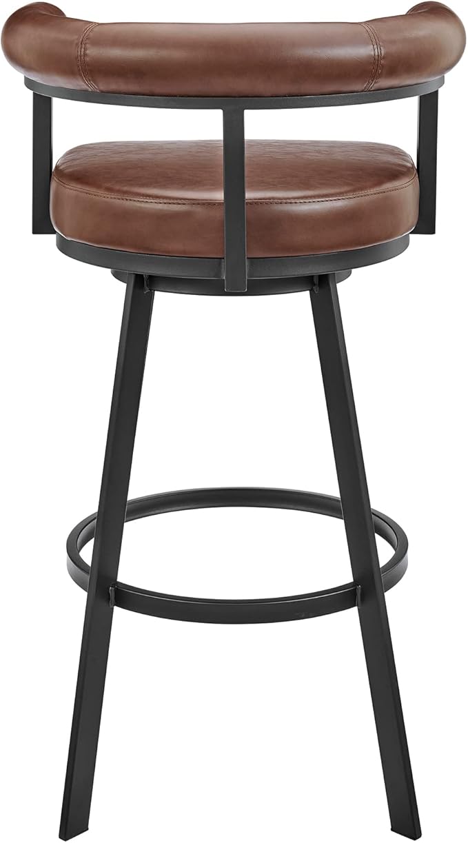 Armen Living Magnolia Swivel Bar Stool in Black Metal with Brown Faux Leather