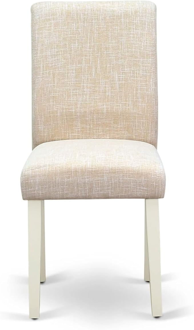 East West Furniture AMAB3-LWH-02 3 Piece Dining Room Furniture Set Contains a Round Dining Table with Pedestal and 2 Light Beige Linen Fabric Upholstered Chairs, 36x36 Inch, Linen White