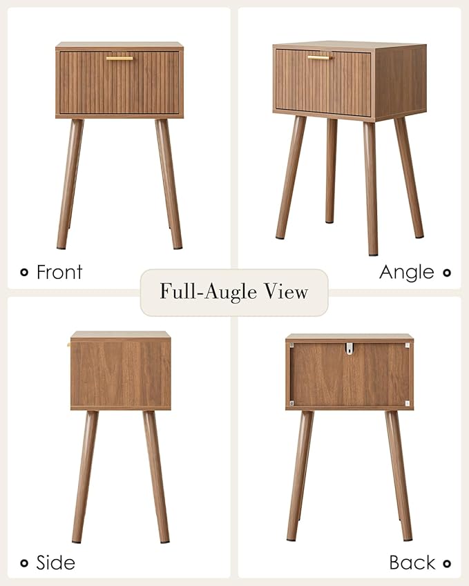 Night Stand, Walnut Nightstand with Fluted Door, Small Modern Mid-Century Bedside Table for Bedroom, End Table for Living Room