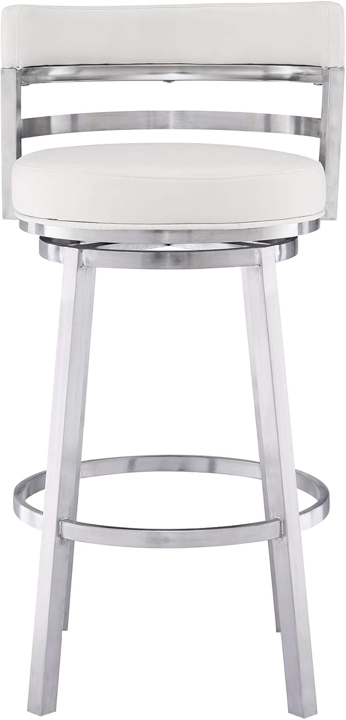 Armen Living Titana 26" Counter Height Swivel White Faux Leather and Brushed Stainless Steel Bar Stool