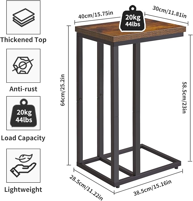 Side Table Small End Table C Shaped, Slide Under Laptop Desk for Couch, Living Room Side Table, TV Trays for Eating on Couch, Rustic Brown+Black YD-TM051HB