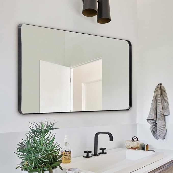 ANDY STAR Black Bathroom Mirror, 24”x40” Rounded Corner Rectangle Mirror, Modern Metal Frame Bathroom Vanity Mirror(Matte Black Finish)