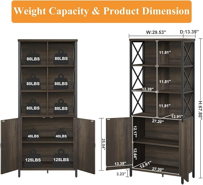 FATORRI Industrial Tall Bookshelf, Rustic Bookcase with Doors, 6 Cube Storage Organizer with Shelf for Living Room, Wood and Metal Book Shelf for Home Office (Walnut Brown)