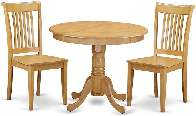 East West Furniture ANPO3-OAK-W 3 Piece Dinette Set for Small Spaces Contains a Round Kitchen Table with Pedestal and 2 Dining Room Chairs, 36x36 Inch, Oak