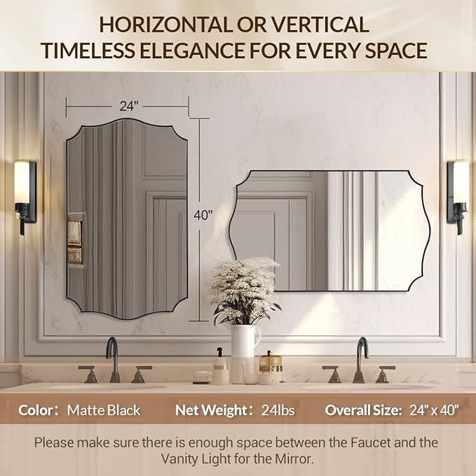 24x40 Black Mirror, Asymmetrical Vanity Mirror, Irregular Wall Mirror for Bathroom, Modern Mirror Wall Mounted Metal Framed for Bathroom, Bedroom, Living Room, Mantel