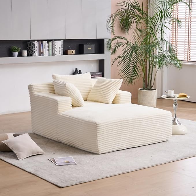 Oversized Chaise Daybed Lounge Sleeper Chair Sofa Bed Indoor, Fluffy Corduroy Upholstered Sleeper Recliner Sofabed Extra Wide Full Foam Cloud Sofabed W/3 Pillows for Home/Apartment Living Room Bedroom