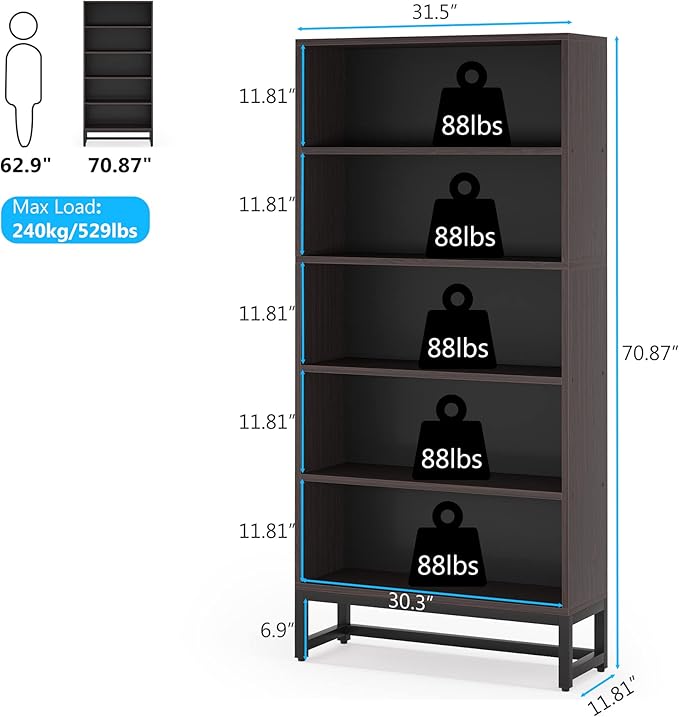 Tribesigns Tall Bookcase and Bookshelf, 70.8” Large Bookcases Organizer with 5-Tier Storage Shelves, Heavy Duty Free-Standing Library Bookshelf Shelving Unit for Living Room, Bedroom (Sandalwood)