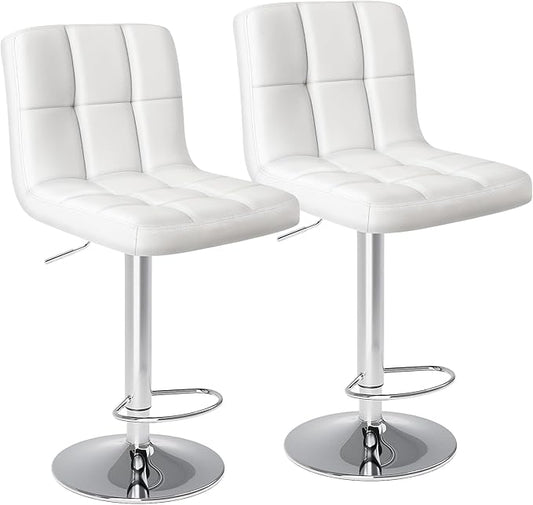 DUMOS Bar Stools Set of 2, Armless Adjustable Swivel Barstools, PU Leather Hydraulic Kitchen Counter Height Bar Stools, Thickened Seat Cushion Square Island Barstools with Back, White