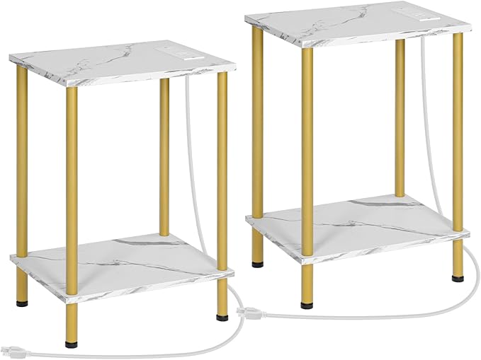 HOOBRO Side Table with Charging Station, Set of 2 End Tables with USB Ports and Outlet, Nightstand with 2-Layer Storage Shelves for Small Spaces, Living Room, Bedroom, Gold and Marble DM09UBZP201