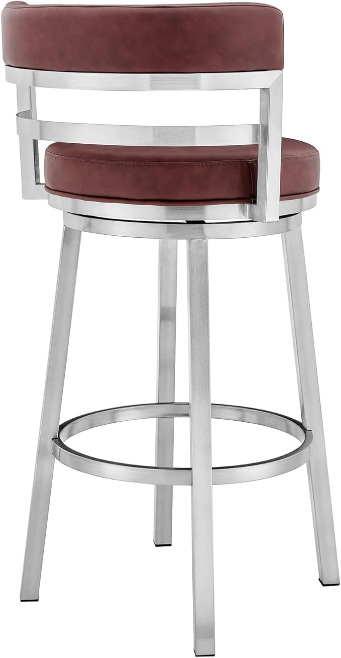 Armen Living Titana 26" Counter Height Swivel Red Faux Leather and Brushed Stainless Steel Bar Stool
