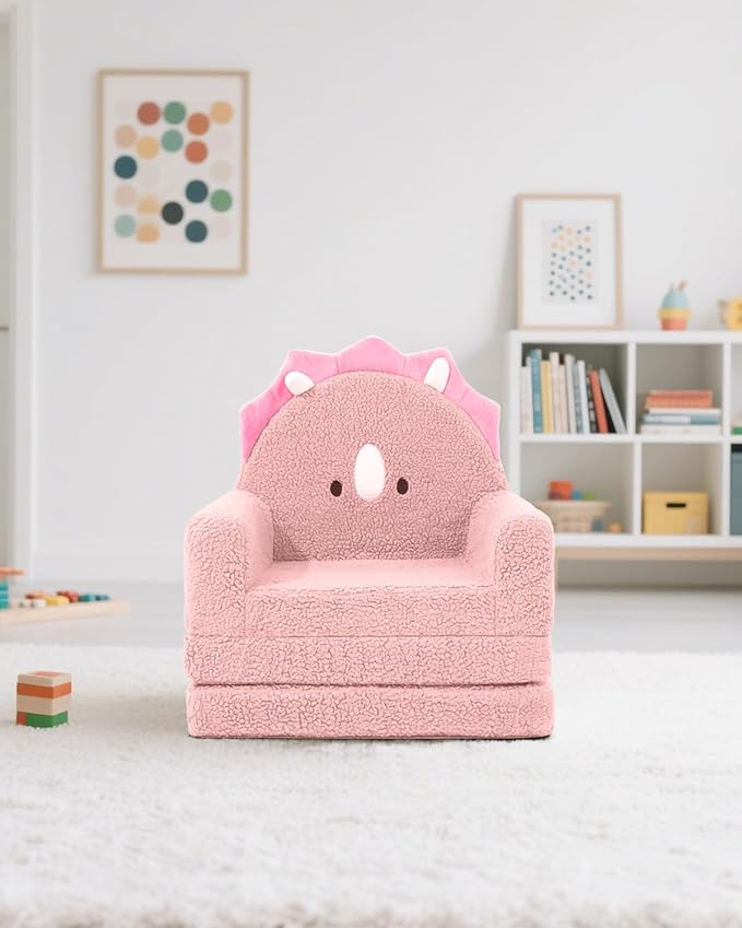MOONBEEKI 2-in-1 Foldable Toddler Couch, Soft Sherpa Fabric with Washable Cover, Convertible Sofa to Lounger, Kids Sofa for Playroom, Bedroom, Living Room, Birthday Gift, Ages 1-3, Triceratop, Medium