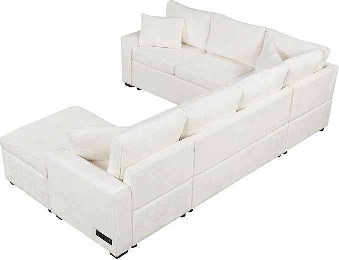 112" Luxurious Pull-out Sofa Bed Sleeper with Storage Ottoman,Sectional Sleeper Couch W/ 3 Pillows,2 USB ports & 2 Power Sockets,Corner Furniture Set for Living Room Large Space,Cream Chenille