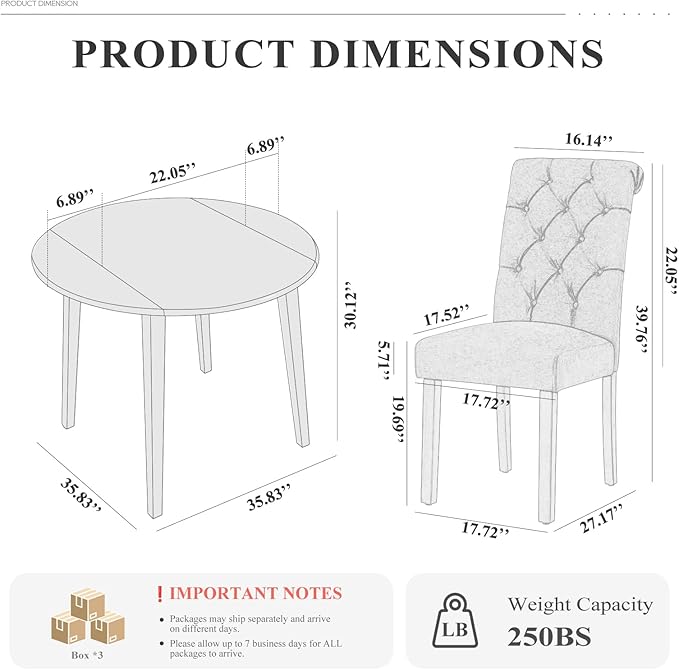 COLAMY 5-Piece Extendable Dining Table Set for 4, 36" Kitchen Round Wood Table with 4 Tufted Dining Room Chairs,Light Brown/Black