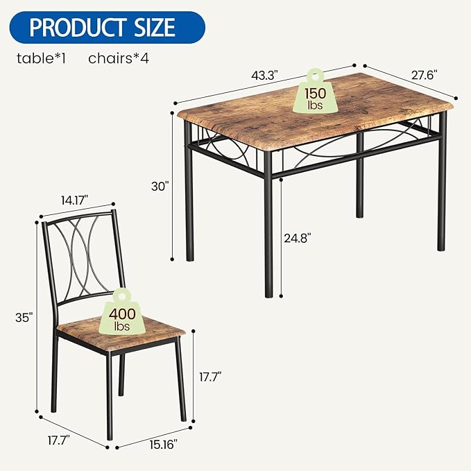 IDEALHOUSE Dining Table Set for 4, Kitchen Table and Chairs Set for 4, Rectangular Kitchen Table Set, 5 Piece Small Dining Table Set with Wood Chairs for Apartment, Small Space, Retro Brown