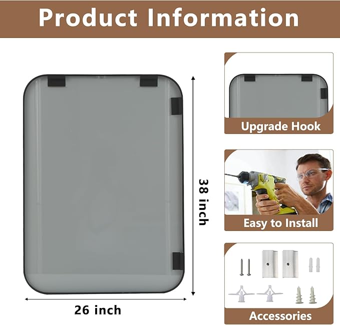 Matte Black Mirror, 26"x38" Rectangle Bathroom Mirror, Metal Frame Rectangle Corner Vanity Mirror, Wall Mounted Mirror for Modern, Living Room, Bedroom, Horizontal Or Vertical