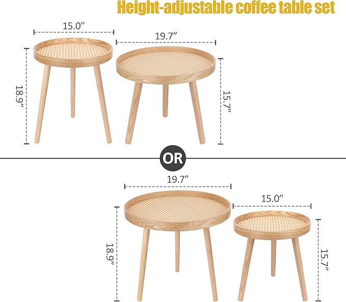 Round Coffee Table Set of 2, Natural Boho Side Table, Small Mid Century Modern Rattan End Tables for Living Room Bedroom Office