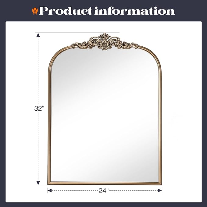 Antique Baroque Gold Mirror, 24” x 32” Vintage Vanity Mirror for Fireplace Mantel, Arch Bathroom Mirror for Wall with Ornate Metal Frame for Entryway Bedroom Living Room