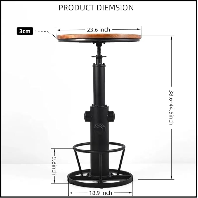 Vintage Bistro Table Height Adjustable 38.6-44.4inch Industrial Bar Table for Kitchen Dining Room Coffee House Pub Office Swivel Round Wooden Top for 2-3 People