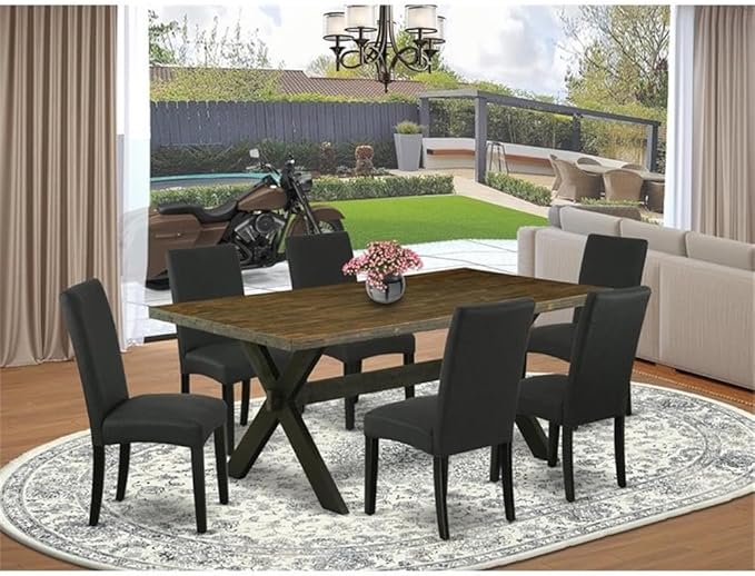 East West Furniture X677DR124-7 7 Piece Dining Room Furniture Set Consist of a Rectangle Dining Table with X-Legs and 6 Black Color Linen Fabric Upholstered Chairs, 40x72 Inch, Multi-Color