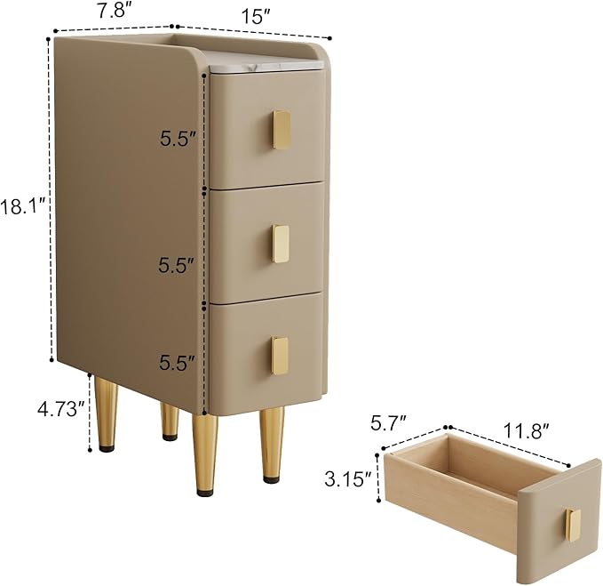 Narrow Nightstand with Drawers, Narrow Side Table Leather, Small Bedside Tables for Bedroom. (Beige)