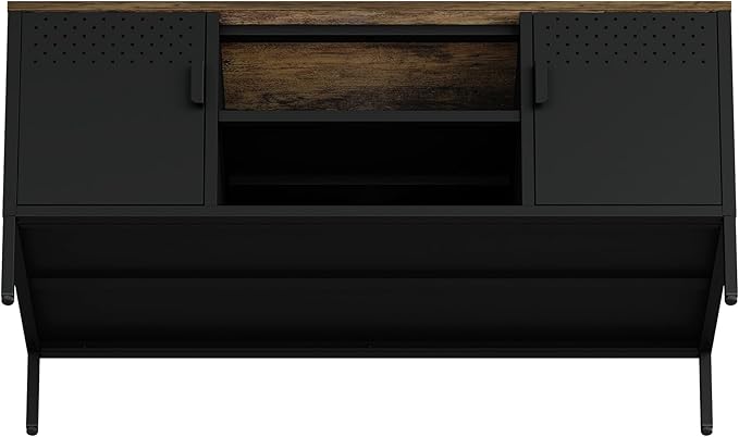 Manhattan Comfort Landen 47" Modern Metal TV Stand with Storage Cabinets & Open Shelves, Holds Up to 40" Screen, TV Console with Natural Wood Top, Cable Management, Adjustable Legs, Black