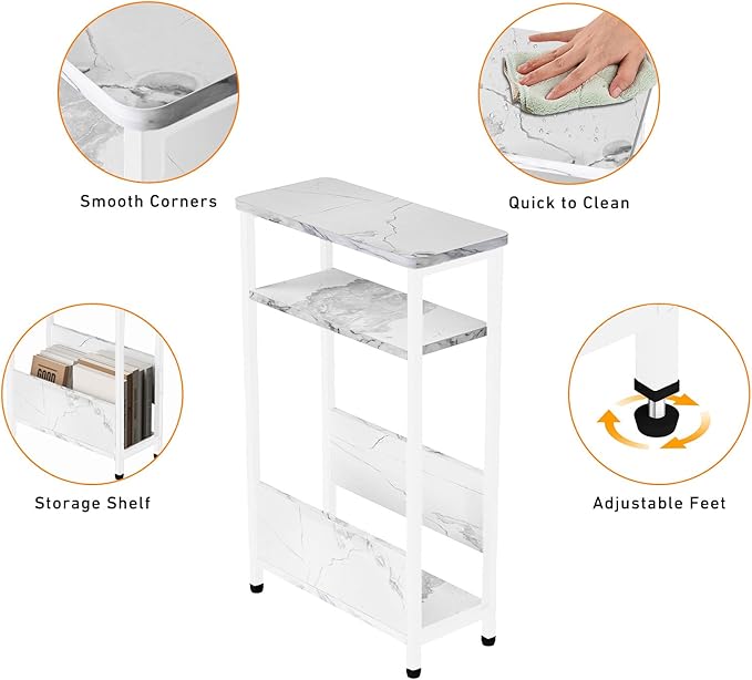 7.1" Narrow Side Table for Small Spaces, 3 Tier Small End Table with Magazine Holder, Slim/Skinny Nightstand/Bedside Table, 15.4" L x 24.2" H, Faux White Marble with White Legs