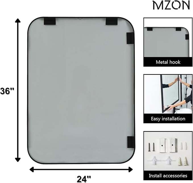 MZON 24x36 Inch Matte Black Bathroom Mirror, Rounded Rectangle Mirror for Living Room or Bathroom, Anti-Rust Frame & Tempered Glass, Horizontal/Vertical Mount - Luxe & Modern Home Decor
