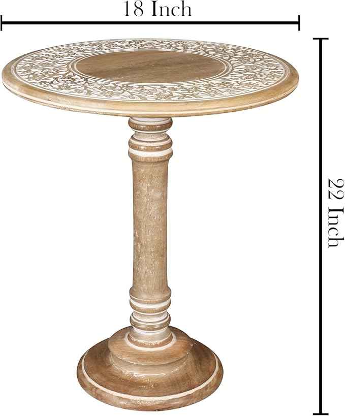 Lightnpro Handcrafted Wooden Single Pillar Table - Small Accent Side End Table, Bedside Nightstand, Entryway, Living Room - Vintage Desk for Books, Plants & Décor - 18x22 Inch, Distressed White