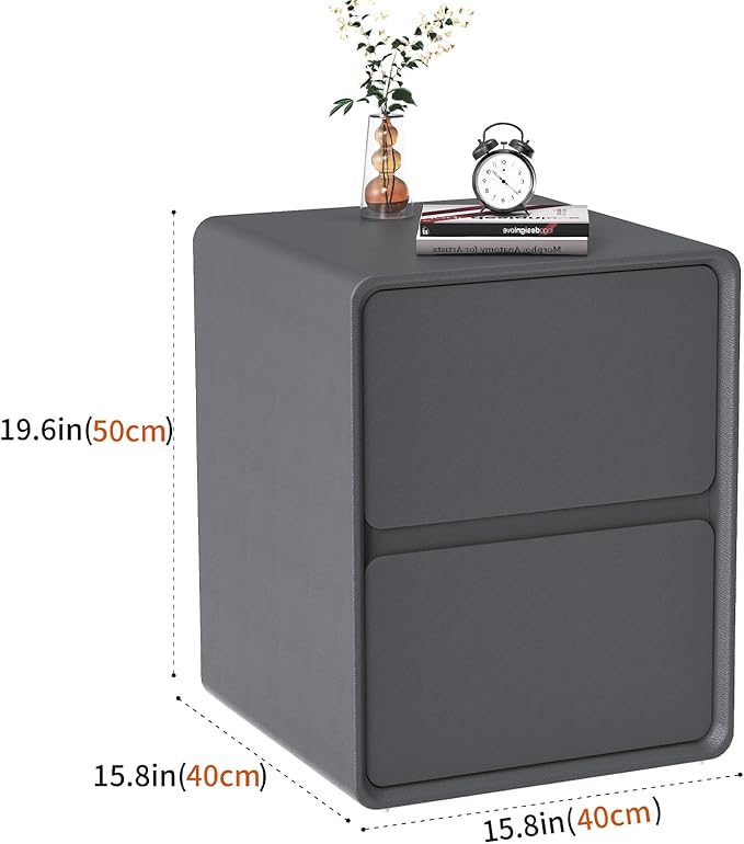 VICITON Modern Narrow Faux Leather Nightstand, Solid Wood Drawer, Storage Accent Table, Small Side End Table for Bedroom (Gray, Large(15.7inch))