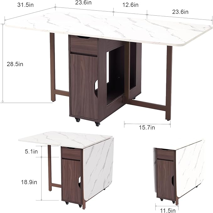 Foldable Space Saving Dining Table Extendable, Folding Dining Table with Storage and Wheels 2-Layers, Versatile Drop Leaf Table Modern for Living Room, Kitchen, RV Campers (Walnut)