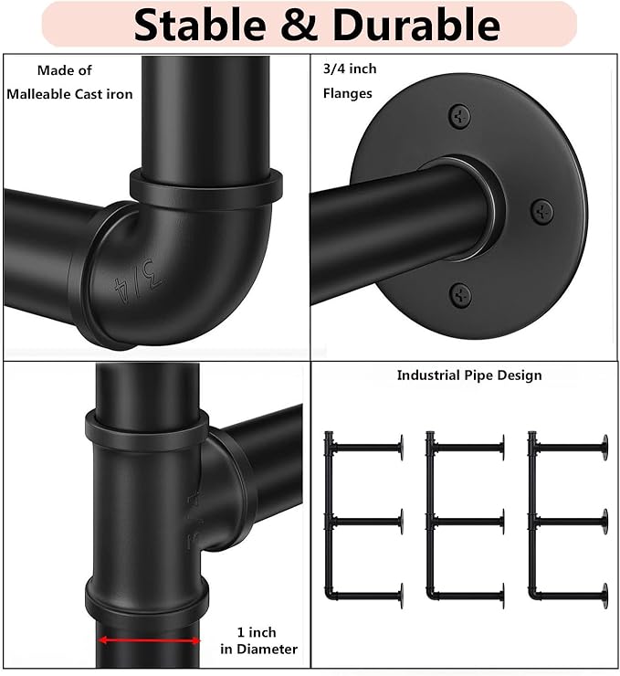 Industrial Pipe Shelf Brackets Wall Mount,Open Black Pipe Shelving for Kitchen,Floating Shelf Brackets Mount,Open Bookshelf Brackets for Shelves,Wall Shelves 12 Inch Deep,(3PcsX3Tier,32" Tall)