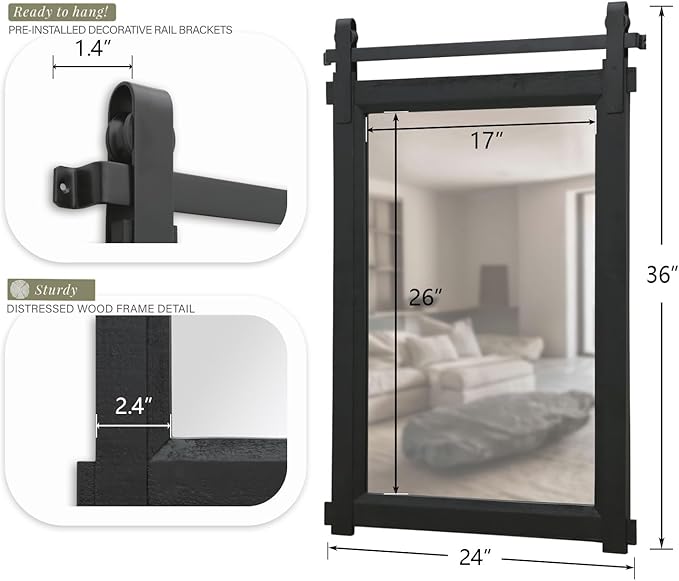 Rustic Barn Door Mirror: 24"x36" Black Farmhouse Wood Frame - Wall Mirror for Entryway/Bathroom/Living Room Wall Decor