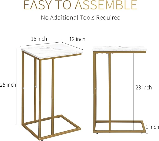 C Shaped End Table Set of 2, Small Side Table for Sofa and Bed, Couch Tables That Slide Under, Snack Side Table for Living Room, Bedroom, White Faux Marble and Gold