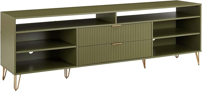 Manhattan Comfort Dumbo Mid Century Modern TV Stand for Televisions up to 80 Inches, Home Entertainment Center with Storage, 6 Shelves, 2 Drawers, No Tool Assembly, 85" Wide, Olive Green