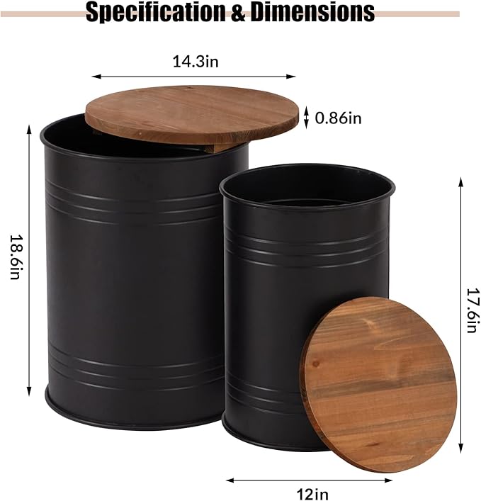 Poofzy Farmhouse End Tables Set of 2, Galvanized Metal Decor Side Table with Wood Lid, Coffee Table Storage Stool for Living Room (Black)