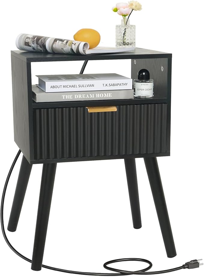 Black Nightstand with Charging Station, Mid Cetury Modern Nightstand with Drawers, Fluted End Side Table with Solid Wood for Bedroom, Dorm and Small Space (Black)