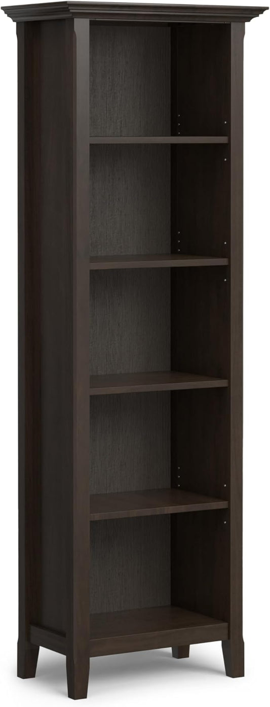 SIMPLIHOME Amherst Bookcase - 70 inch Tall 5-Shelf Solid Wood Bookshelf in Hickory Brown, Transitional Storage for Living Room, Study Room or Office with Adjustable Shelves and Tapered Legs