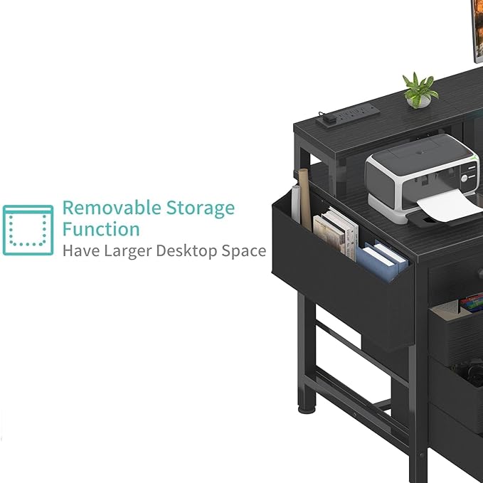 Lufeiya Gaming Desk with LED Lights and Power Outlets, 47 inch Computer Desk with Fabric Drawers, Reversible Home Office Desk with Monitor Stand, Black